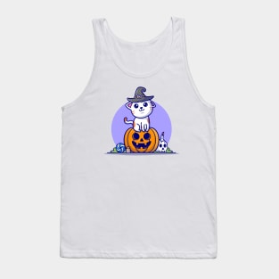 Cute Witch Cat Sitting Pumpkin Halloween Cartoon Vector Icon Illustration Tank Top